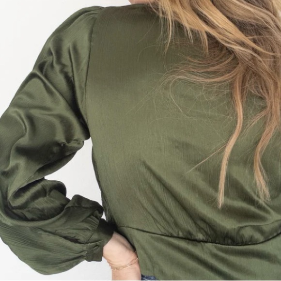 Olive blouse. Size small. Twist in front and hidden zipper for easy pull on. - Picture 2 of 3